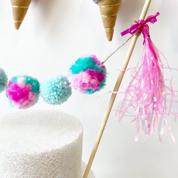 Pink Turquoise Pom Pom Cake topper, Birthday Cake Topper for Girls, Tassel Decor - Picture 3 of 4